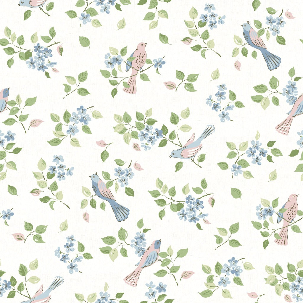 Birds In Blossom Fabric - Sky Blue