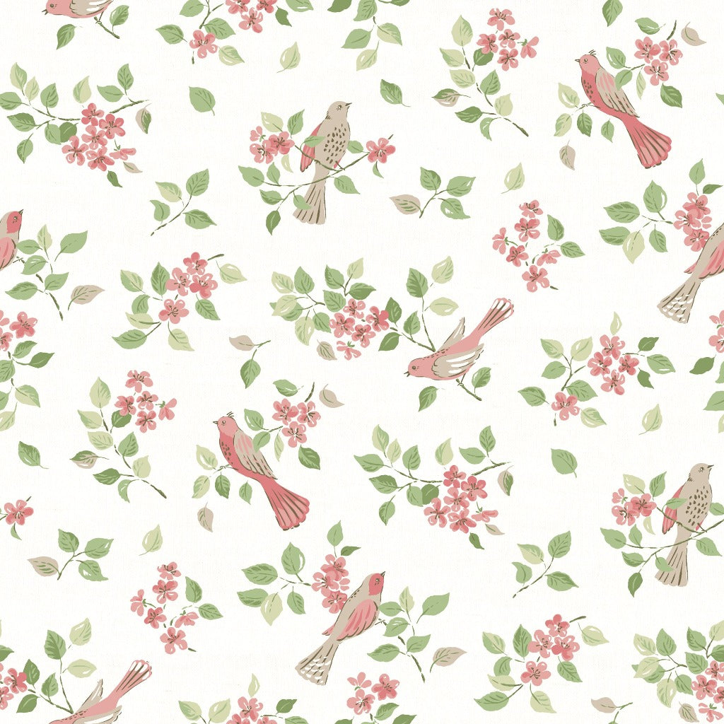 Birds In Blossom Fabric - Pink