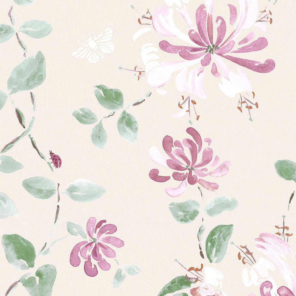 Honeysuckle Fabric - Soft Stone & Plum