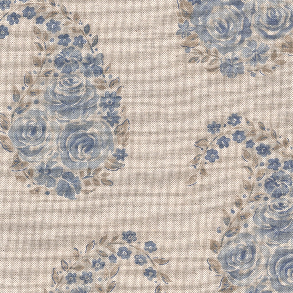 Paisley Rose Fabric - Vintage Country Blue On Natural
