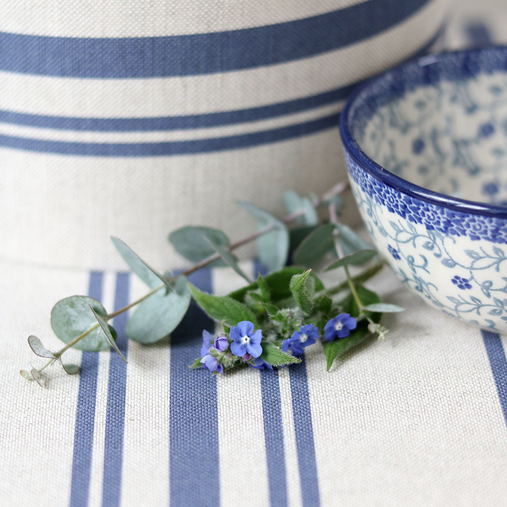 Dorset Striped Linen Fabric - Durlston Blue on Natural Pebble - Meg Morton