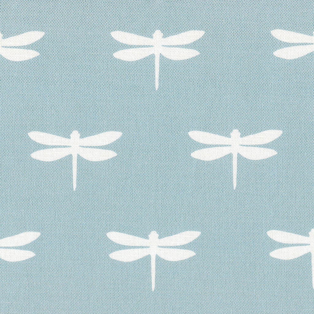 Dragonfly Linen Fabric - White On Aqua - Meg Morton