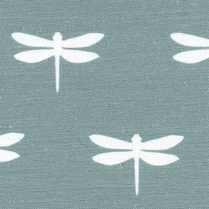 Dragonfly Linen Fabric - White On Soft Teal - Meg Morton