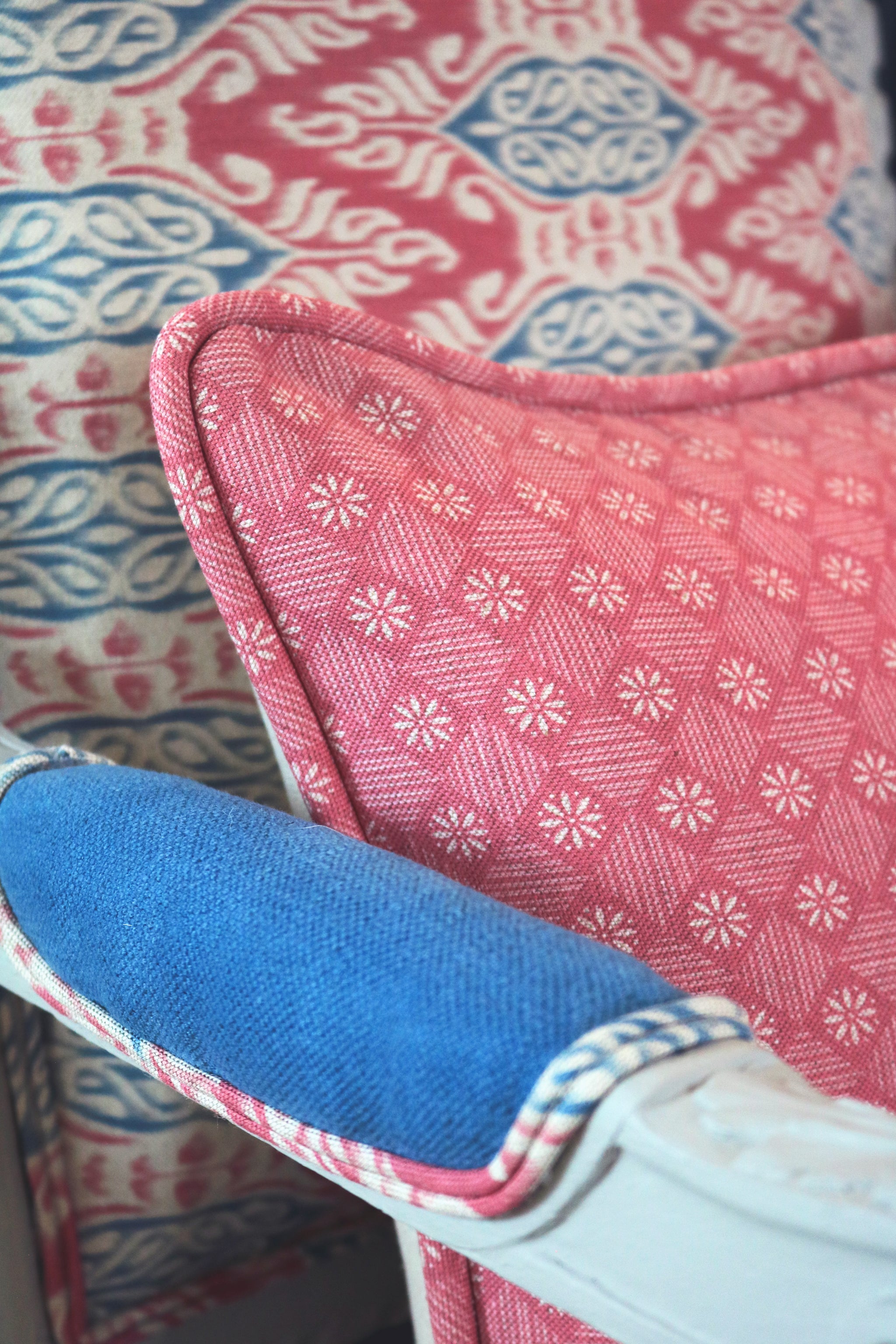 Zamira Ikat Fabric - Faded Raspberry & Teal On Natural - Meg Morton
