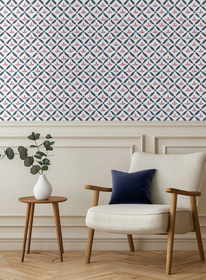 NEW Kingston Lattice Wallpaper - Bute Blue & Campion Red