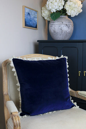 Ready Made Velvet Cushion - Rich Navy With Stone Fan Trim