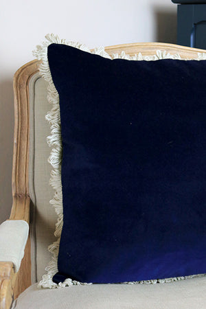 Ready Made Velvet Cushion - Rich Navy With Stone Fan Trim