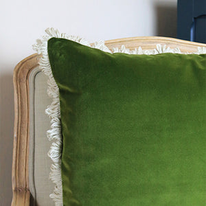 Velvet Cushion - Rich Forest With Stone Fan Trim