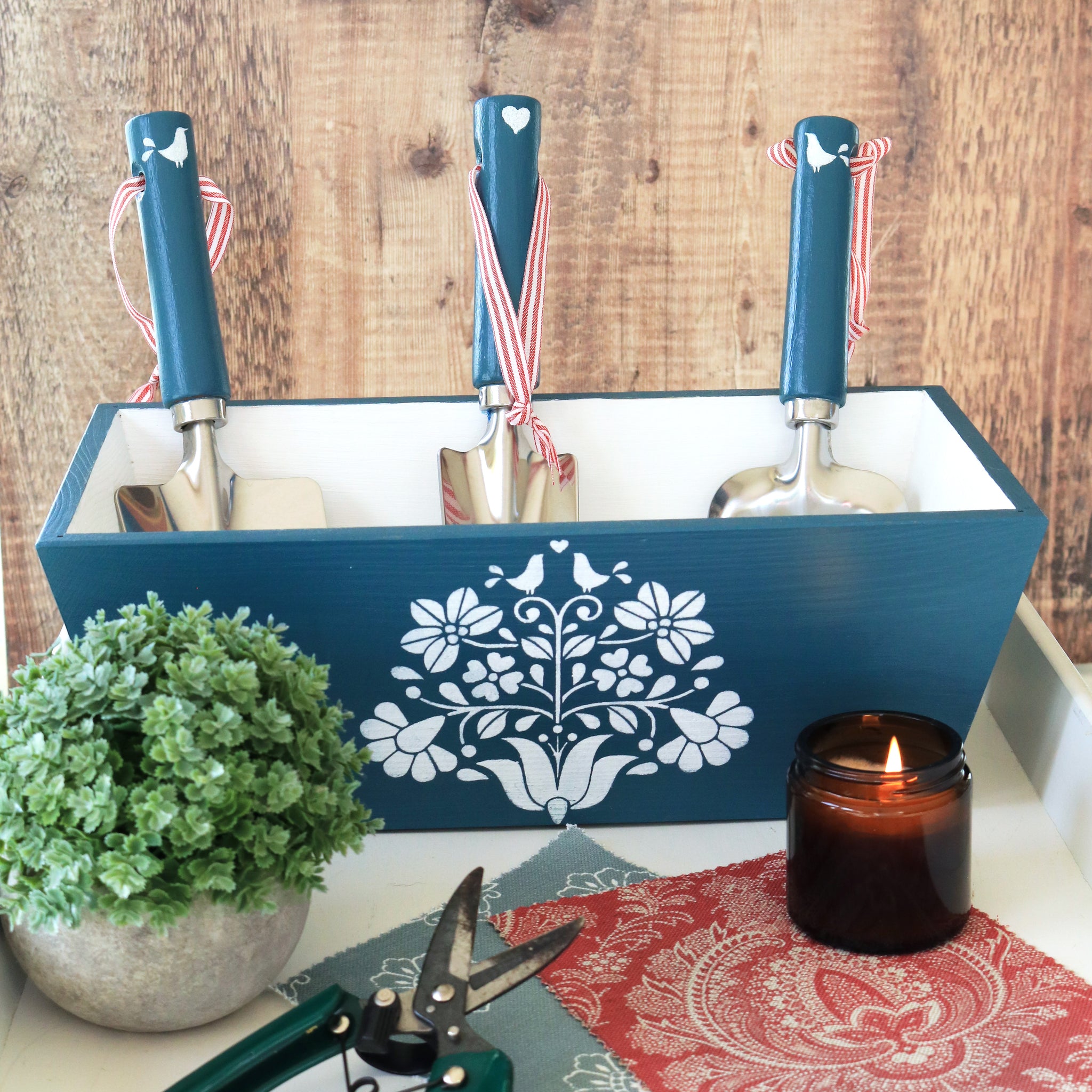 Hand Painted Planter & Trowel Set - Teal