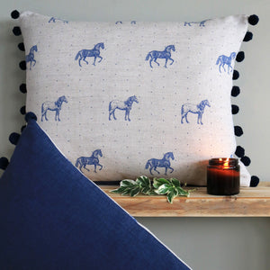 Country Horses Pom Pom Cushion - Blue Roan On Natural - Ready Made