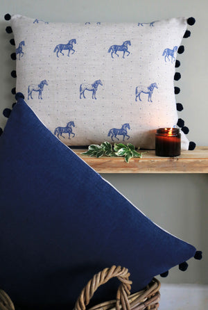 Country Horses Pom Pom Cushion - Blue Roan On Natural - Ready Made
