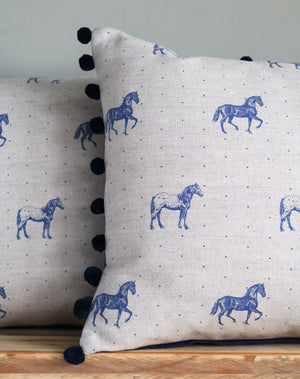 Country Horses Pom Pom Cushion - Blue Roan On Natural - Ready Made