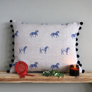 Country Horses Pom Pom Cushion - Blue Roan On Natural - Ready Made