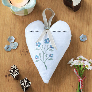 Hand Made Lavender Heart - Hand Printed Forget Me Not
