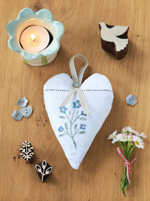 Hand Made Lavender Heart - Hand Printed Forget Me Not