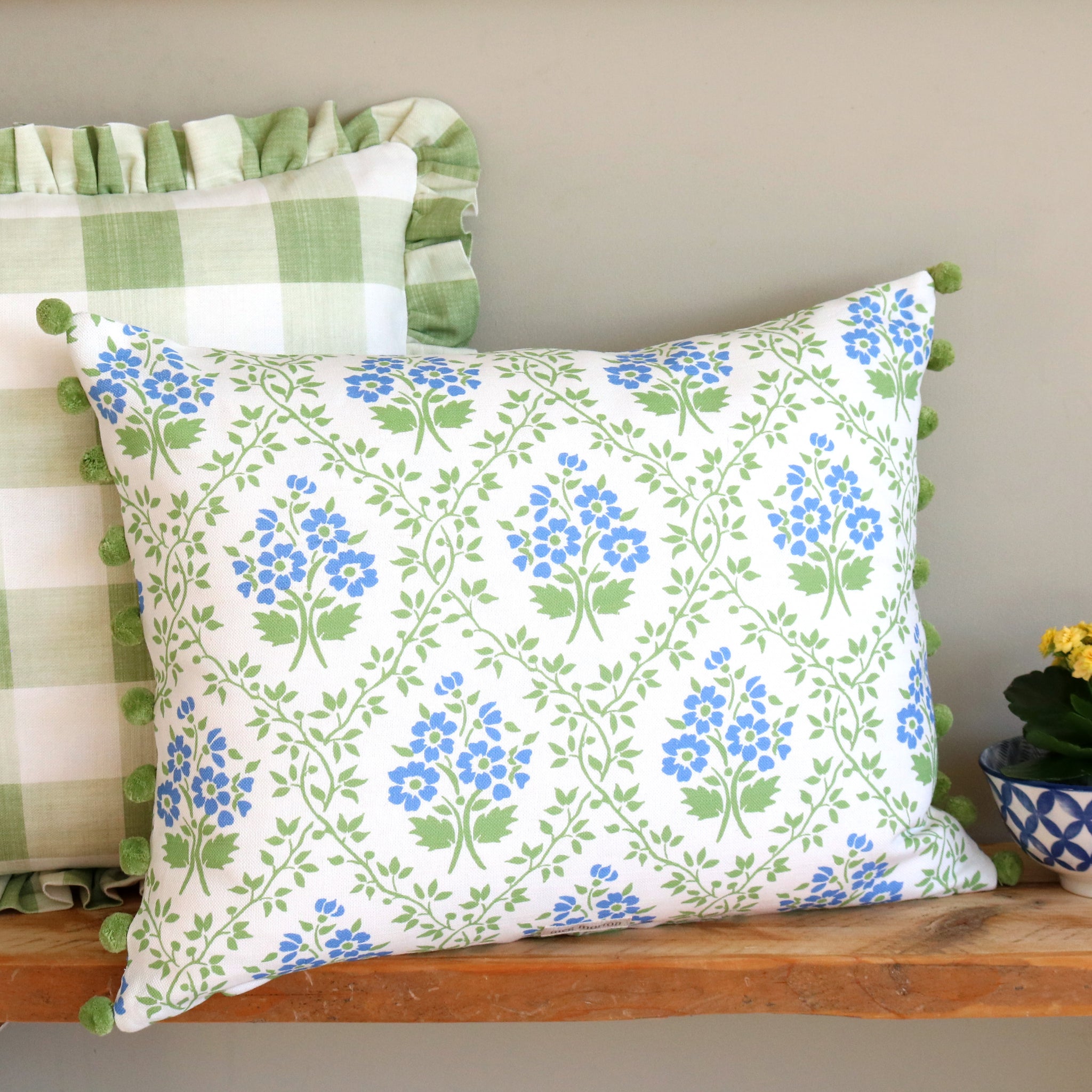 Henrietta Pom Pom  Trim Cushion - Cornflower Blue & Mill Green - Made To Order - Meg Morton