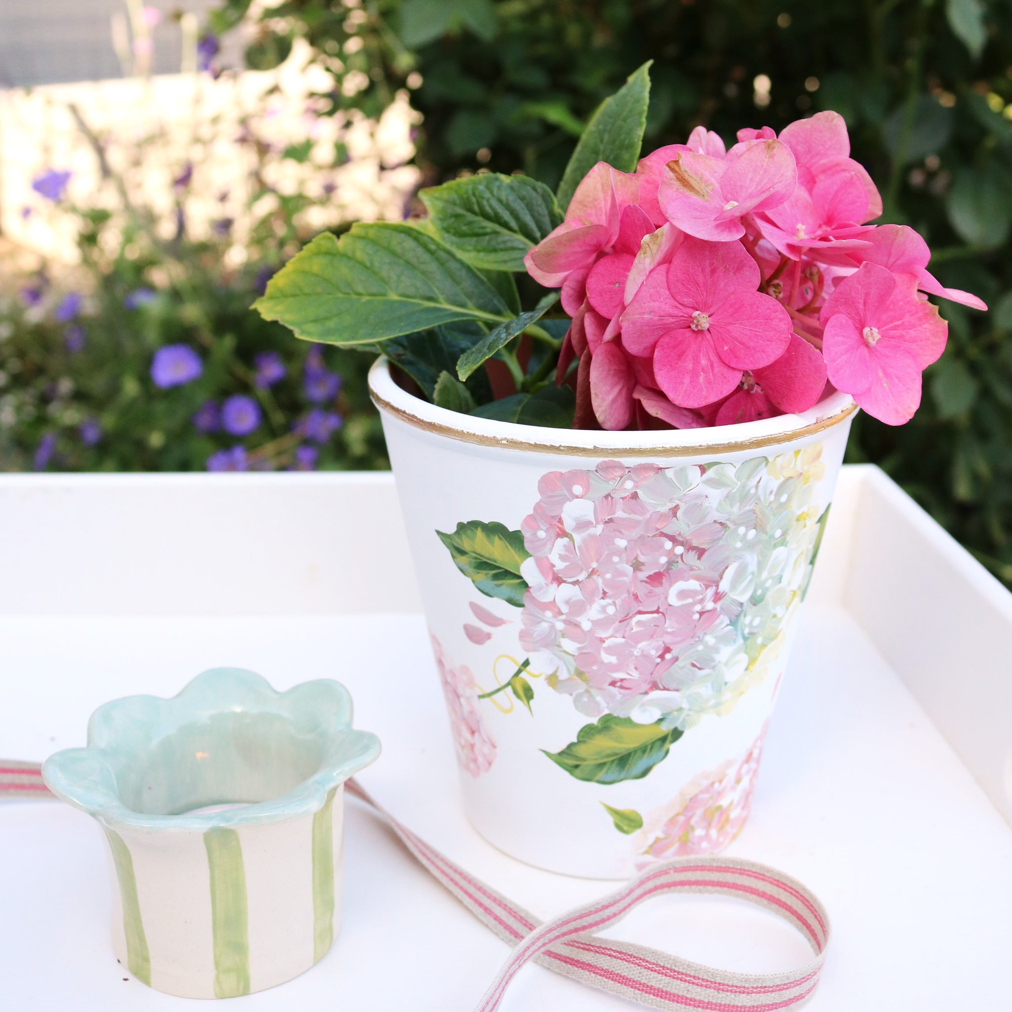 Hand Painted -  Plant Pot - Pastel Pink Hydrangeas