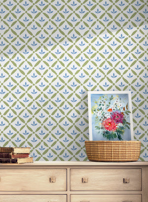 NEW Kingston Lattice Wallpaper - Meadow Green & Beaminster Blue