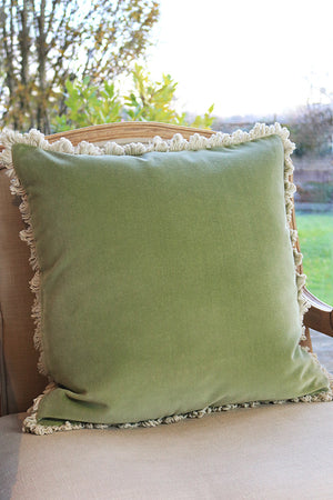 Ready Made Velvet Cushion - Soft Sage With Stone Fan Trim