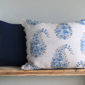 Paisley Rose Fan Trim Cushion - Country Blue - Ready Made