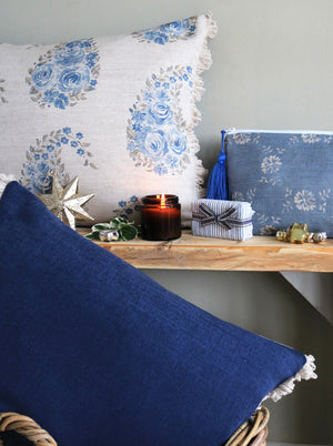 Paisley Rose Fan Trim Cushion - Country Blue - Ready Made