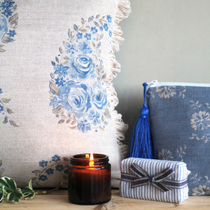 Paisley Rose Fan Trim Cushion - Country Blue - Ready Made