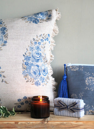 Paisley Rose Fan Trim Cushion - Country Blue - Ready Made