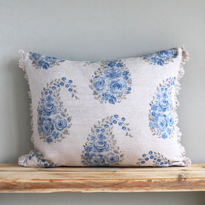 Paisley Rose Fan Trim Cushion - Country Blue - Ready Made