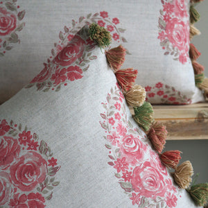 Paisley Rose Tassel Trim Cushion - Faded Raspberry - Ready Made