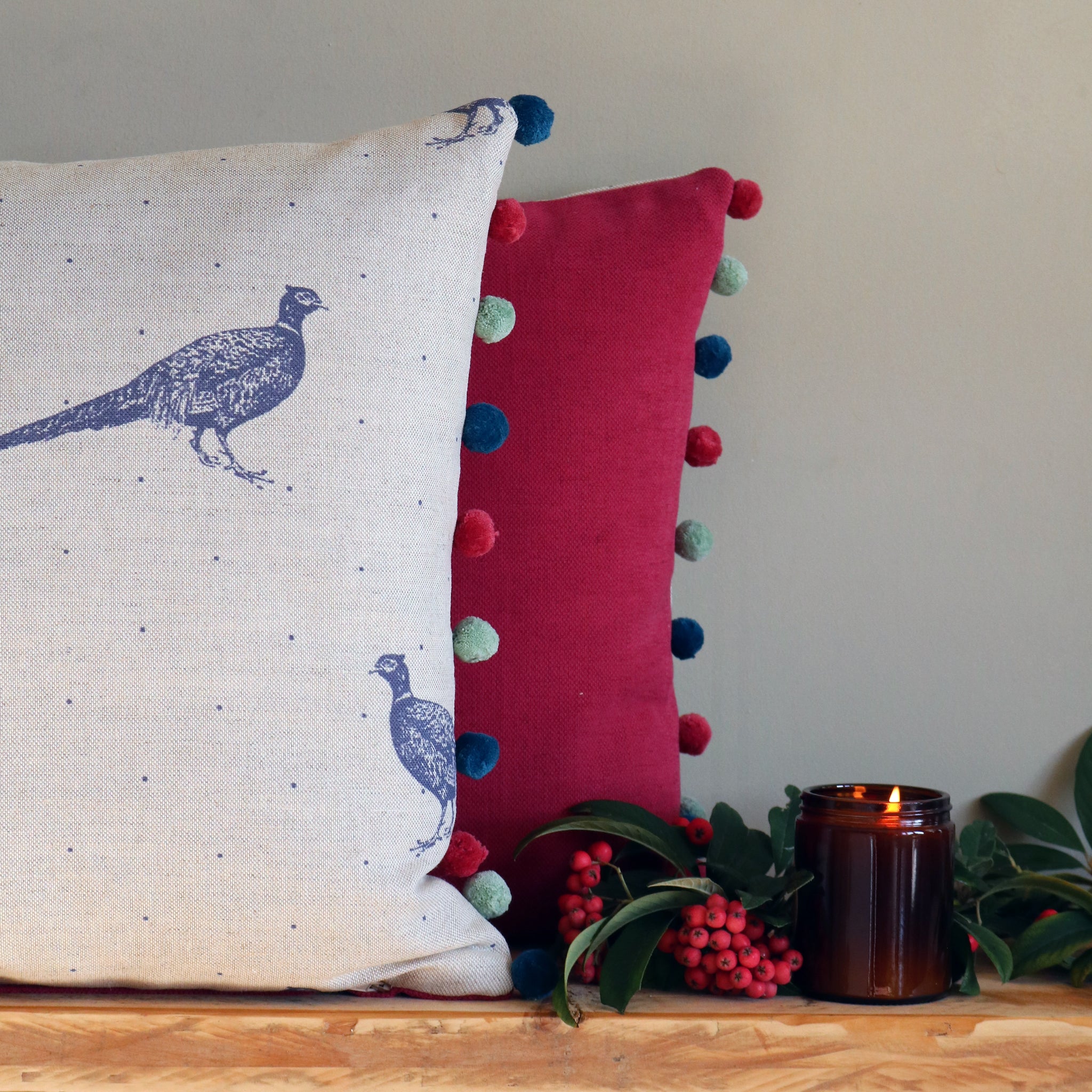 NEW Fontmell Pheasant Feature Bobble Cushion