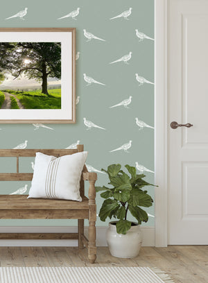 Fontmell Pheasant Wallpaper - White On Lichen