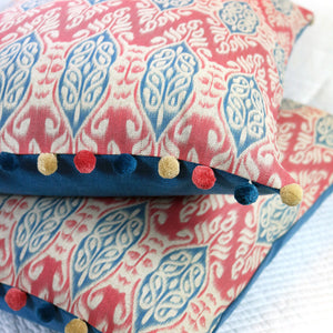 Zamira Ikat Feature Cushion With Pom Pom Trim - Raspberry And Teal