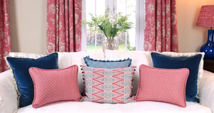 Zamira Ikat Feature Cushion With Pom Pom Trim - Raspberry And Teal