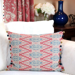 Zamira Ikat Feature Cushion With Pom Pom Trim - Raspberry And Teal