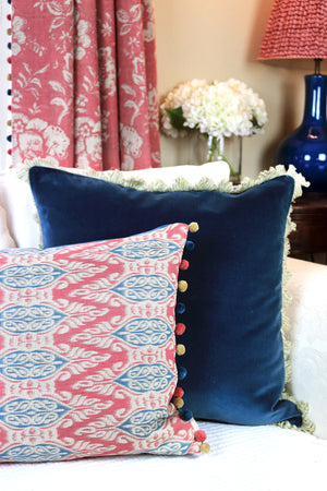 Zamira Ikat Feature Cushion With Pom Pom Trim - Raspberry And Teal