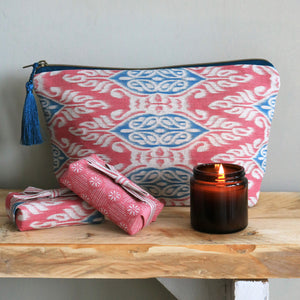Zamira Ikat Wash Bag - Raspberry & Teal With Teal Silk Tassel