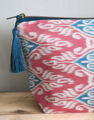 Zamira Ikat Wash Bag - Raspberry & Teal With Teal Silk Tassel