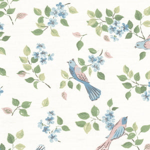 NEW-Birds In Blossom Fabric - Sky Blue