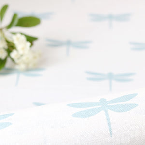 Dragonfly Linen Fabric - Aqua on White - Meg Morton