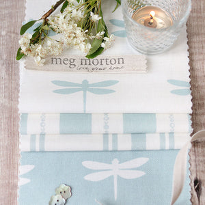 Dragonfly Linen Fabric - White On Aqua - Meg Morton
