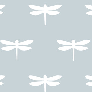 Dragonfly Linen Fabric - White On Smoke Blue