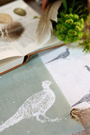 Large Fontmell Pheasant Linen Fabric - White On Lichen - Meg Morton