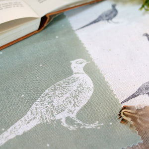 Large Fontmell Pheasant Linen Fabric - White On Lichen - Meg Morton