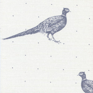 Large Fontmell Pheasant Linen Fabric - Flint On White - Meg Morton
